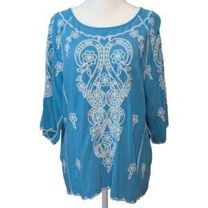 Leo & Nicole Blue & White Embroidered 3/4 Sleeve Peasant Blouse Size Medium